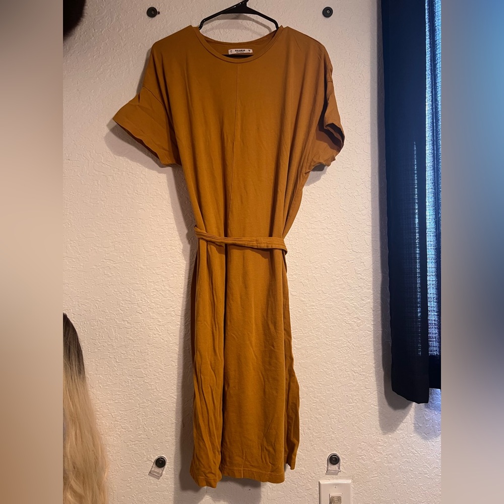 Belted mustard yellow belted T-shirt dress